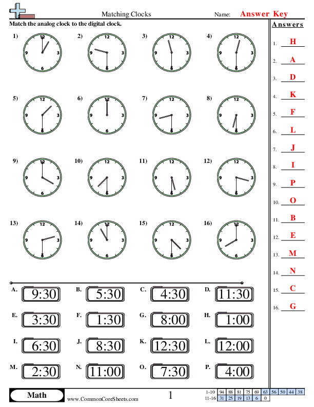  - Matching Clocks (Half Hour Increments) worksheet